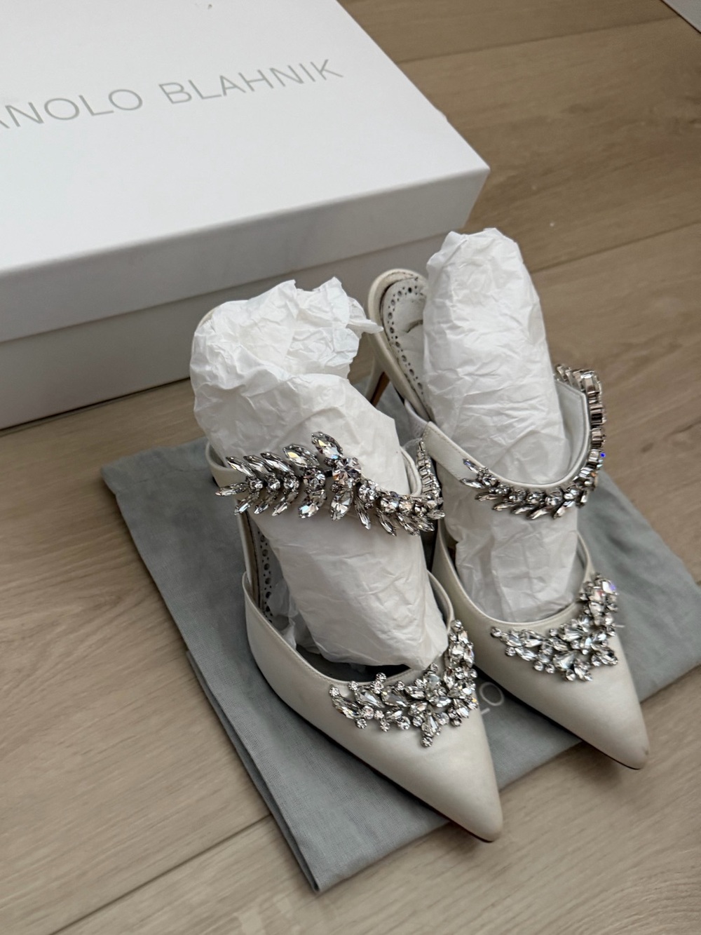 Manolo Blahnik White Satin Jeweled Pointed Mules
